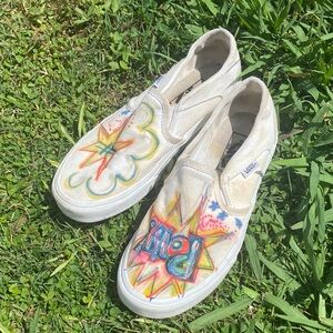 Vans White Slip-On Sneakers with Multicolor Hand-Drawn Graphics